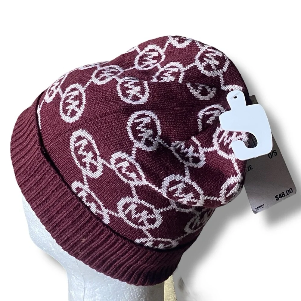 Michael Kors Rib Knit Beanie All-Over MK Print Burgundy White One Size NWT